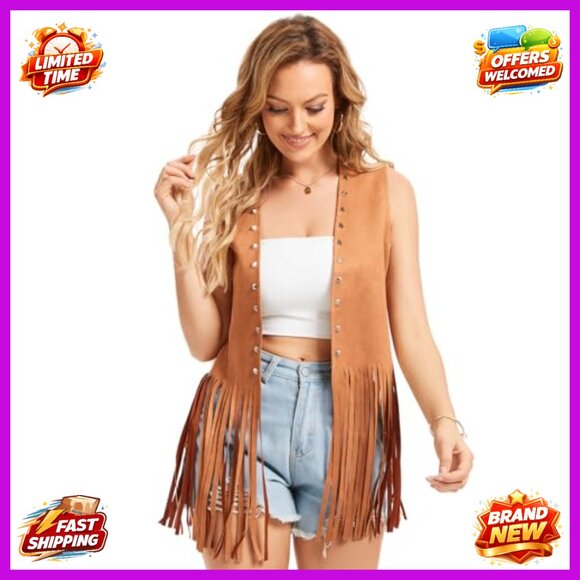 Faux Suede Fringe Vest Sleeveless Western Hippie Costume XXL - Picture 3 of 7